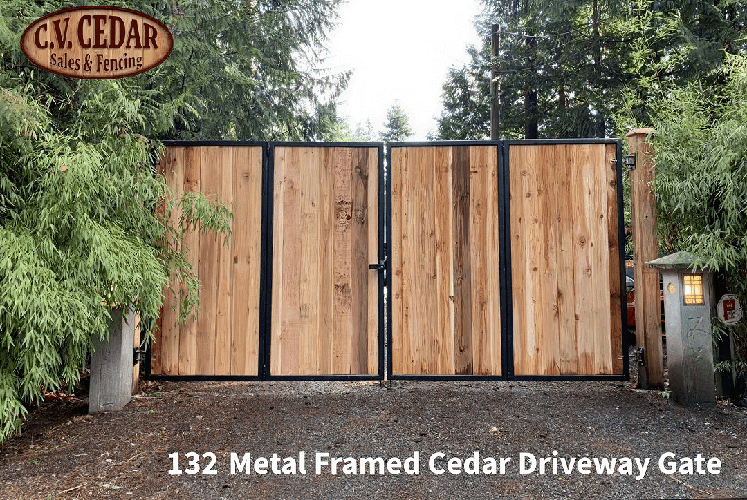 Metal framed cedar driveway gates with rustic design.